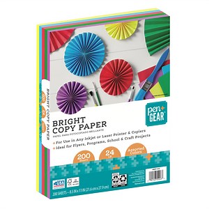 Pen Gear Color Copy Paper, Assorted, Bright, 8.5" x 11", 24 lb., 200 Sheets