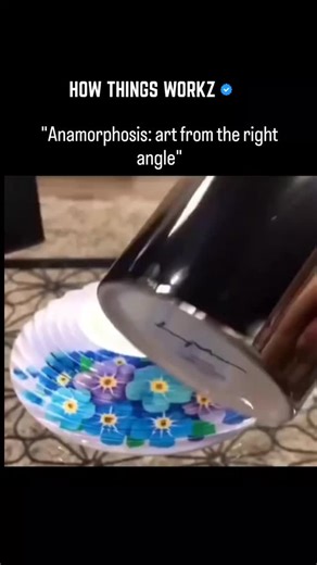 HOW THINGS WORKZ on Instagram: "🌀 Anamorphosis is a clever artistic technique where the image appears distorted unless viewed from a specific vantage point. In this case, the design features a butterfly and blooming flowers arranged across curved surfaces, forming a cohesive picture when seen from the correct angle. Pretty fascinating, right? It’s like visual whispering you only catch the full story when you lean in at just the right spot. #illusionart #artoftheday #artgallery #anamorphosis"