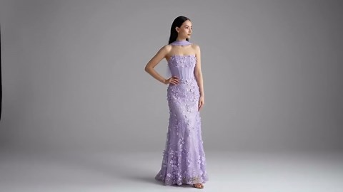 Lavender Floral Evening Gown | Strapless Tulle A-line Dress With Cape - Etsy