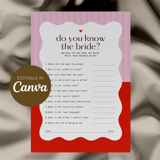 Do You Know the Bride Game? Who Knows the Bride? Bachelorette Party Template, Printable Bride Party Game, Bachelorette Quiz Printable, Team Bride Game - Etsy UK