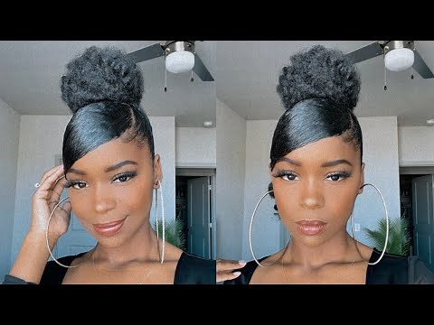 HIGH BUN W/ SIDE SWOOP BANG AND CURL | NO HEAT | NATURAL HAIR
