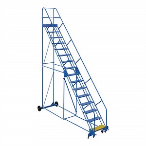 Vestil 16-Step Steel Rolling Warehouse Ladder with 23 9/16" Wide Grip Strut 50-Degree Angled Steps and 14" Deep Top Step LAD-16-14-G-EZ