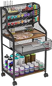 Rolling Utility Cart with Drawer, Metal and Wood Craft Storage Cart with 6 Tiers & 18 Holes, Small Art Carts with Lockable Wheels, Store Brushes & Paints & Artifacts, for Drawing Room, Office
