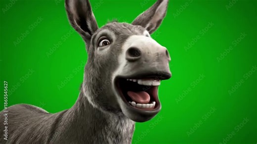 High-quality, humorous close-up studio footage captures a gray donkey laughing heartily against a vibrant green screen.