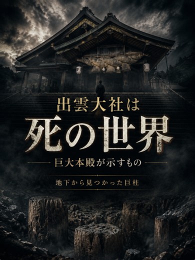 出雲大社は、「死の世界」を表すために造られた神社なのでしょうか。 出雲大社には、ほかの神社とは少し違う参拝方法があります。 一般的な神社では「二礼二拍手一礼」。 しかし出雲大社では、二礼四拍手一礼で参拝します。 動画で紹介しているのが、この「四」という数字を「死」と結びつける説です。 もちろん、四拍手そのものが死者を意味するという確かな史料があるわけではありません。 それでも、大国主が国譲りによって現世から退き、目に見えない世界を治める存在になったという神話と重ねると、少し意味深にも見えてきます。 そして、もう一つ不思議なのが出雲大社の本殿です。 現在でも非常に大きな建物ですが、かつての本殿はさらに巨大で、平安時代には高さ約48mもあったと伝えられています。 あまりにも巨大なため、長い間「本当にそんな建物が存在したのか」と疑問視されてきました。 ところが2000年、出雲大社の境内から驚くべきものが発見されます。 地下から現れたのは、3本の巨大な木を束ねた柱の跡。 古くから伝えられてきた巨大本殿の構造を思わせる発見でした。 さらに平安時代の記録には、 「雲太・和二・京三」 という言葉が残