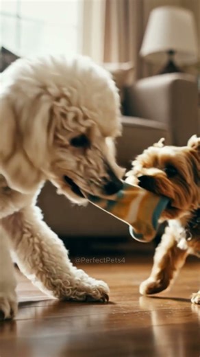 Yorkie vs Poodle: Playful Tug on Hardwood Floor