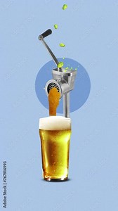 Stop motion. Animation. Grinder cutting beer hops into glass of foamed lager beer isolated over blue background. Concept of festival, national traditions, taste, drinks, Oktoberfest, ad
