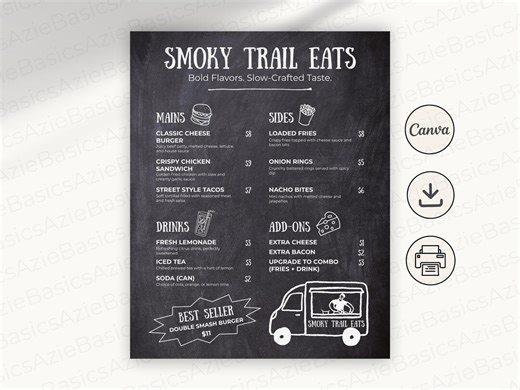 Editable Food Truck Menu Board, Mobile, Street Food Carts, Pop-up market vendors, Chalkboard Style