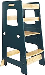 WOOD CITY Kitchen Step Stool - Safe Montessori Standing Tower for Kids with Safety Rail, Height Adjustable Toddler Ideal Helper for Learning New Skills, Anti-Slip Protection for Bathroom - Deep Blue