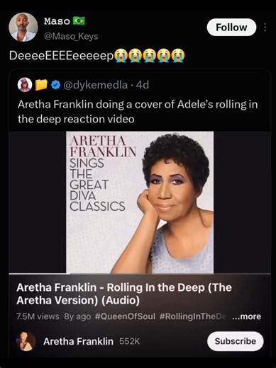 CRYING REAL TEARS #adele #arethafranklin #funny #fyp #viral | rolling in the deep aretha franklin