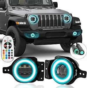 SUNPIE 4 inch RGBW Fog Lights with 2 Brackets Fits for all JL 2018 2019 2020 2021 2022 JT 2020 2021 2022 Waterproof Fog light Assembly Kit