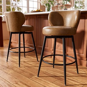 Ninecer 26" Counter Height Bar Stools Set of 2, 360° Swivel PU Leather Bar Chairs with Low Back, Upholstered Round Seat & Metal Legs, Modern Kitchen Island Counter Chairs 300LBS, Brown