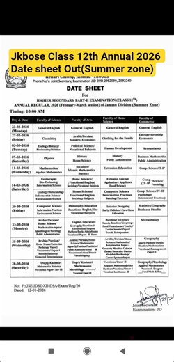 Jkbose Class 12th Date Sheet out