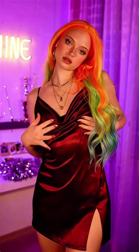 Mine tonight. Just one look and the room changes. 💋✨ #FakeBody #FakeSituation #LateNightLook #SatinMood #NeonGlam