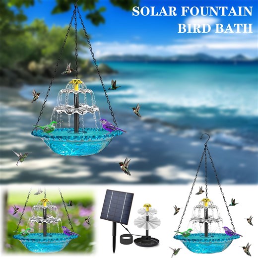 2026 Solar Cascade Hanging Bird Bath Fountain, Solar-Powered Birdbath Water Pump Dispenser, Purple Outdoor Decor for Hummingbird, Garden Yard Patio Backyard Decoration Kit