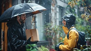 A delivery person in a raincoat delivers a neatly wrapped package to a woman with an umbrella at her front door