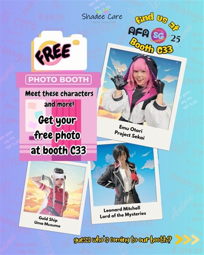 Shadee.Care on Instagram: "Take a photo with @pfacsg cosplayers at Booth C33! 📸 ✨ More info about our photo booth at AFA 2025, Link in Bio 👋😊 28-30 Nov 2025 Suntec City Convention & Exhibition Centre Halls 401–405 Booth C33 #afa2025 #afa #cosplay"