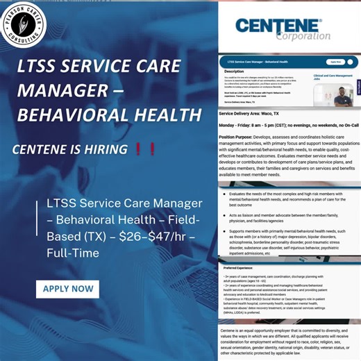 LTSS Service Care Manager – Behavioral Health 📌 Centene is HIRING ❗❗ 📍 Location: Waco, TX (Field-Based / Hybrid) 💼 Type: Full-Time 💰 Pay: $26.50 – $47.59 per hour 📩 Apply Here: https://jobs.centene.com/us/en/jobs/1604990/ltss-service-care-manager-behavioral-health/
