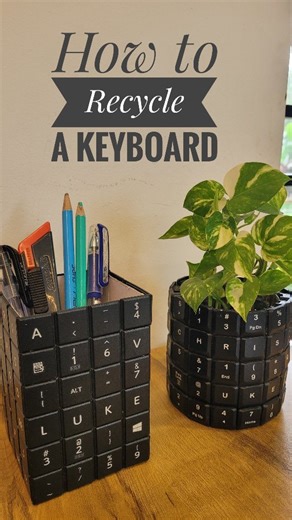 Linto Antony on Instagram: "Do you have an old keyboard lying around? If so, try this: For a pen stand, I used a cardboard box, and for a planter, I repurposed a plastic bottle. The keys were attached using Fevibond. I used a laptop keyboard for the pen stand and a standard keyboard for the planter. P.S. Remember to dispose of the remaining parts as e-waste. Keyboard reuse, Old keyboard upcycling, DIY pen stand, DIY planter"