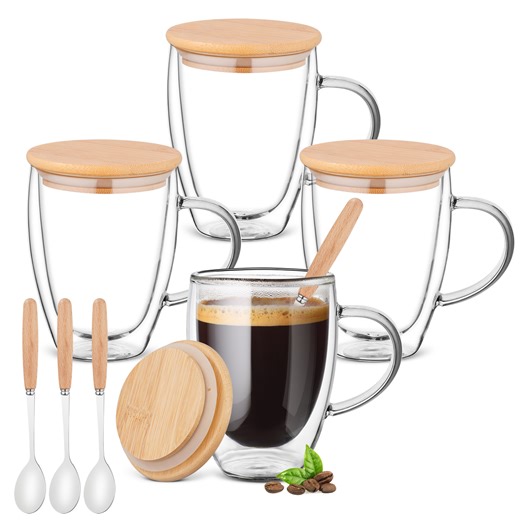 Watch 12Oz Double Wall Glass Coffee Cups with Handle Lids Set of 4 on Amazon Live