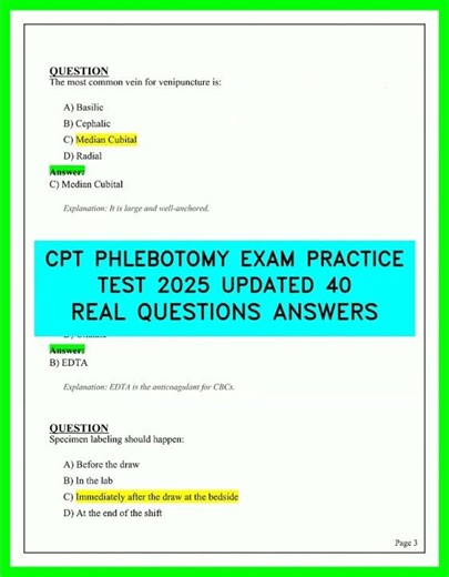 CPT Phlebotomy Exam Practice Test 2025 | 40 Real Questions & Answers (Updated) | 2025 Edition HDHD