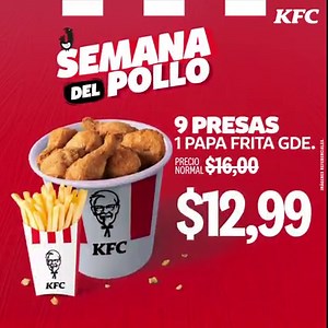 ¡La Semana del Pollo de #KFC te volverá loco con su sabor! Disfruta 9 presas 1 papa frita gde. por solo $12,99. Pide a domicilio esta deliciosa promoción por KFC APP o Pide y Recoge. Descarga KFC APP aquí: Android https://bit.ly/3eUZte1 IOS https://apple.co/3ivnbQo | KFC