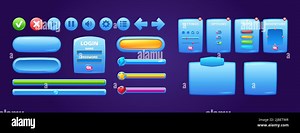 Game menu interface windows, cartoon options, settings, adventure plates with ui buttons, progress bars and gui elements. Blue glossy user panels with sliders, vector boards design templates set Stock Vector Image & Art - Alamy