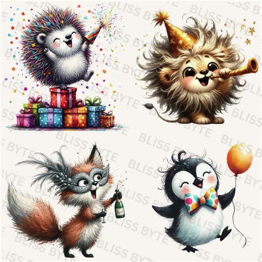 Happy New Year Party Animal Clipart – Watercolor PNG Images (digital Download) - Etsy