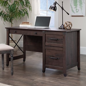 Sauder Carson Forge Single Pedestal Desk with Drawers, Coffee Oak Finish