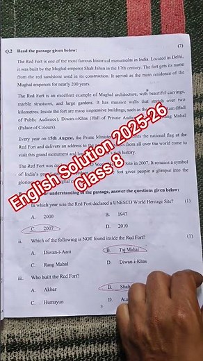 class 8 english mid term paper solution 2025-26 morning shift/ English Midterm paper answer key 2025