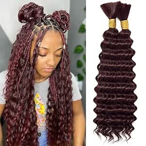 Burgundy Bohemian Braiding Hair Deep Wave Bulk Hair for Braiding No Weft Hair Curls for Boho Braids Wet and Wavy Curly Bundles for Braiding Hair Extensions 2 Bundle 200g 18 Inch Water Wave,99J