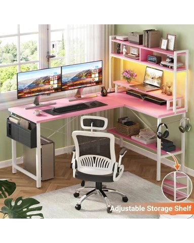 Pink L-shaped Gaming Desk With LED Lights, Monitor Stand, Storage Bag - Etsy