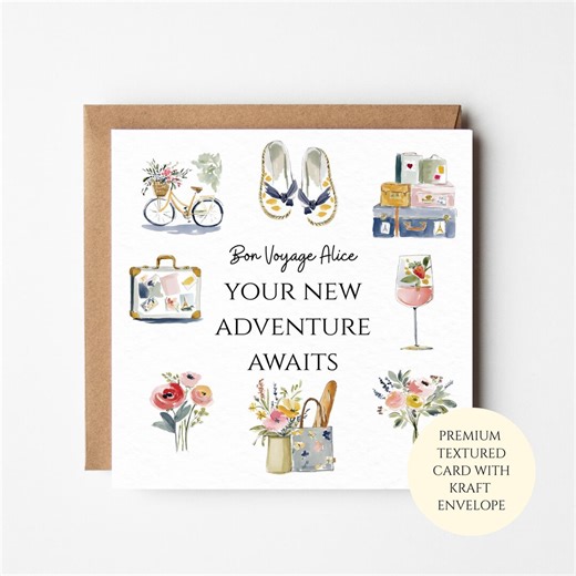 Bon Voyage France Travel Card – Watercolour Paris Icons, Suitcases & Bicycle | Personalised Bon Voyage Card - Etsy UK