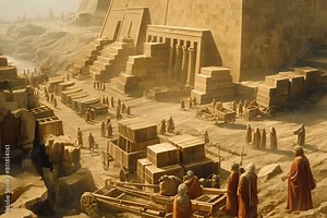 Slaves building Egypt pyramids, cartoon, ancient Jewish in biblical Egypt exhile scene