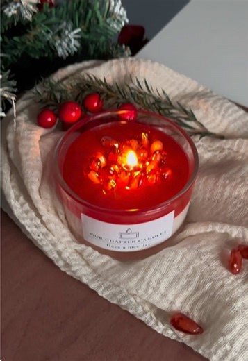 Sweet pomegranate.Flickering flame.Cozy vibes ignited. Link in bio #handmadecandles #candlemaking #asmr #candletok #candles