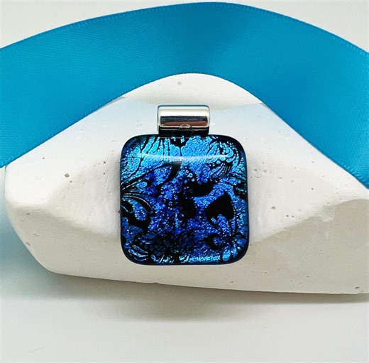 Handcrafted Dichroic Glass Pendant: Turquoise & Black Etched Butterfly Design-square Fused Glass Jewelry - Etsy