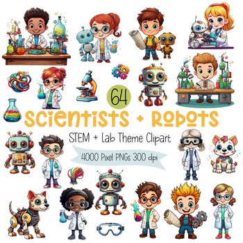 Scientists & Robots STEM Clipart | Science Lab PNG Graphics for Classroom & Work