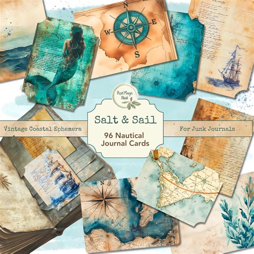 Nautical Journal Cards Printable, Vintage Coastal Watercolor Ephemera for Junk Journals and Collage - Etsy