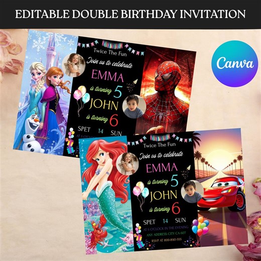 Editable Sibling Birthday Invitation, Double Birthday Invite, Dual Combined Twins, Boy and Girl Double Invite, Bday Invite, Canva Template - Etsy