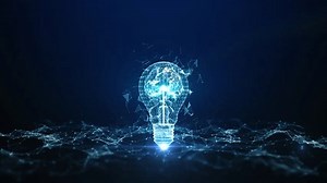 Digital network light bulb with human brain inside on blue background, Wireframe light bulb with a digital network effect, symbolizing connectivity and innovation, Creative idea concept.