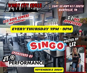 Thursday is Singo with Liz! We are attempting to bring Singo inside if Ol Man Winter shows up! Special thanks to JT @ Performance Food Service for sponsoring this weeks games. Free dessert with all $1 Off Apps (While supply lasts) Rock Vibes and best of Hip Hop playlist. Fun starts at 7pm! | Windy City Grille | Facebook