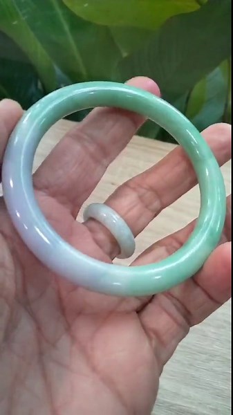 Burmese Jade Bangle in Apple Green with Lavender Cigarette Shaped, Size 56.3 mm