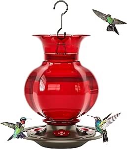 Auslar Hummingbird Feeder, Red Glass Hummingbird Feeders for Outdoors Hanging with Ant Moat, 5 Simulation Flowers Feeding Ports, 23 Ounces, Rustproof, Fade Proof, Pomegranate Shape