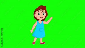 Cartoon happy child girl say hi, 2d cartoon character is saying hello on green screen background Stock Video