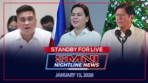 LIVE: SMNI Nightline News with Admar Vilando & MJ Mondejar | January 13, 2026 – Martes HEADLINES * SEN. ZUBIRI, NAGBABALA SA LUMALALANG KRISIS SA ASUKAL * SENADO, ISINUSULONG ANG PAGBUSISI SA BANK DEPOSITS NA MAY BAHID NG KATIWALIAN * MARCOS ADMIN, PINAG-AARALAN ANG LAHAT NG PARAAN PARA MA-REPATRIATE SI ZALDY CO * HENRY ALCANTARA, MULING HUMARAP SA DOJ; UMANO'Y PAGBAWI NG TESTIMONYA, PINABULAANAN NG ABOGADO * PANIBAGONG IMPEACHMENT LABAN KAY VP SARA DUTERTE, WALANG TALAB DAHIL SA NEGATIVE TRUST 