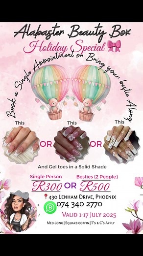 Bring your bestie along and SAVE! All my lil babes that are on holiday and want some boujee nails, Book your appointment 🤭❤️😊 We got you! WhatsApp for available appointment dates & Time. #alabaster_beauty_box #alabasterbeautybox #fyp #goviral #cancer #fypシ゚ #vira #blowup #nailsalon #nailtech #bestfriendscheck #holidaynails