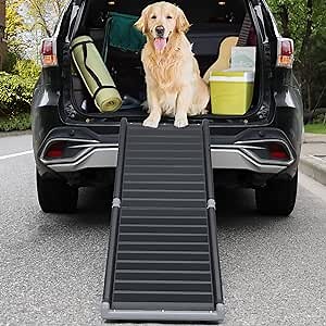 Upgrade 63" L Foldable Pet Ramp with Built-in Metal Frame, Dog Car Ramp with Non-Slip Surface Portable Steps for M/L Dogs Up to 270LBS, Safe Way for Access Truck, Camper, Bed, Couch,Sandpaper Sticker