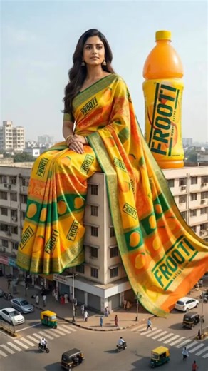 Sarthak Jain on Instagram: "How to make this Viral CGI Ad Image Prompt 👇 Hyper-realistic cinematic advertising photograph featuring an AI-generated Indian female model at giant, heroic scale, sitting confidently on the front edge of a mid-rise city building rooftop (5–7 floors only, not skyscraper) The camera is positioned at building-level height, slightly below the model’s eye line, using a forward-facing cinematic perspective — NOT drone view, NOT top-down. The model appears larger-than-life