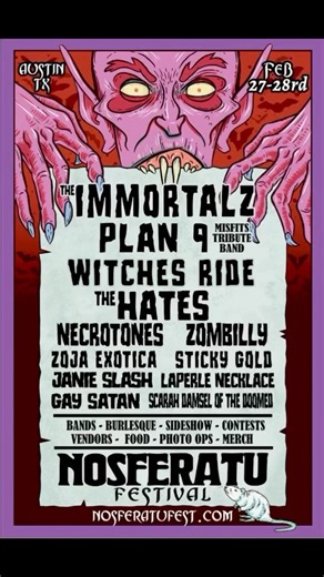Necrotones on Instagram: "Hey Austin Vampires, Mutants, Monster Kids, Freaks, Weirdos, and all you other Cool Ghouls we call homies, we’re kicking off @nosferatufest at @kickbuttcoffee this year on FRIDAY February 27th! We’ll be opening up for the indomitable The Hates (@ctw_hates)and the phenomenal @plan9_misfitstribute. But that’s not all! There will be sideshow acts and so much more! And that’s just Friday! On Saturday come hang out with us in the audience while we bang into each other in the