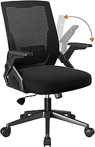 COMHOMA Office Chair with Flip-up Armrests Ergonomic Computer Desk Chair Foldable Mesh Task Chair with Wheels Adaptive Lumbar Support Swivel Tilt Comfortable Study Chair, Black (Seat Depth 17.7")